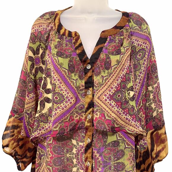 Fig and Flowers Womens Size 1X 3/4 Sleeve Sheer Overlay  Button Front Top - Picture 3 of 10